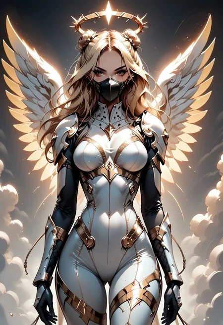 score_9, score_8_up, score_7_up, (Western Comics), a full body image of a sexy mechangel girl, caucasian, seductive, (glowing wings), solo, glowing armor, glowing halo, glowing mechanical 4 wings (hyperdetailed:1.15), detailed, light passing through hair, (ultra detailed, high quality texture), (sharp), (artistic image), 32K, 4K, ULTRA HD, small waist, large breasts, tight white bodysuit with, crop: -5, (3/4 portrait), wide view, ((her whole head and hair is visible)), zoomed out, (wings completely visible), (from thighs and up), wings folded along her body, cowboy shot, angelify, (monochrome background), (nothing in background), plain background, Long blonde hair in Double Bun, wings fully visible, face mask
