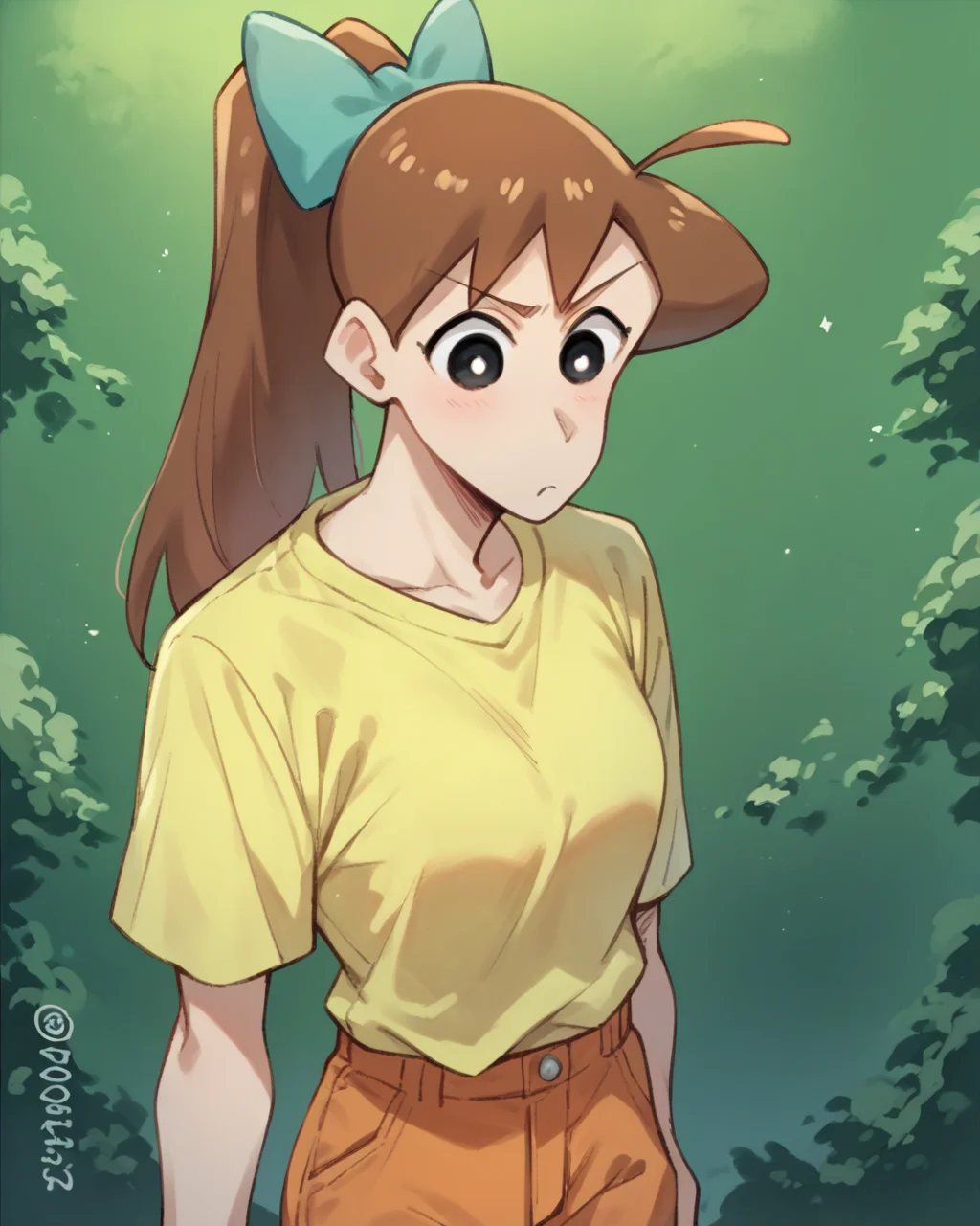 score_9, score_8_up, score_7_up, score_6_up, score_5_up, score_4_up,
<lora:Ishizaka_Midori_PONY:1>,ishizaka midori, 1girl, solo, brown hair, high ponytail, long hair, black eyes, ahoge, hair bow, yellow shirt,orange pants,style parody, parody,