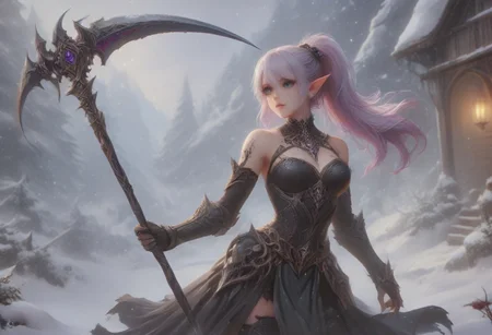 score_9, score_8_up, score_7_up, score_6_up, dynamic, (anime, masterpiece), best quality, (8k), detailed background, sharp focus, intricate, ambient lighting, super high quality, hyper detailed background, cinematic lighting, adult, dungeons and dragons character art style, a norse girl early 20s, straight long lilac hair tied back into a ponytail, heart choker, black hairband, dark blue eyes, pale skin, human, wearing black crop top and black leather skirt, thighhigh high heeled boots, holding a scythe in her hands, full body portrait, zoomed out, medium breasts, walking through a snowy mountain village, action pose, cutting theough a monster with her scythe, blood flying from the wound