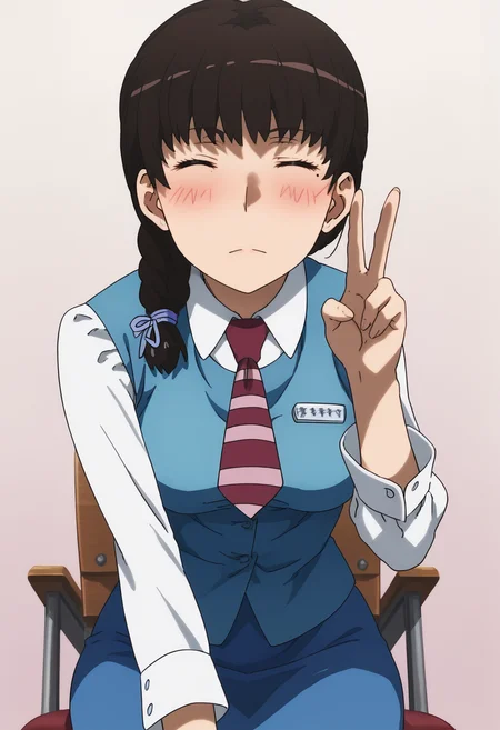 score_9, score_8_up, score_7_up, source_anime, BREAK white background, 1girl, solo, cowboy shot,  <lora:DX888Komachi:1> takamiya komachi, brown hair, braid, mole, , necktie, uniform, pencil skirt, office lady, v pose, blush, closed eyes, sitting, on chair,  from from below,