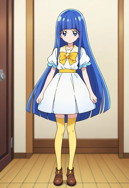 score_9, score_8, score_7, source_anime, 1girl, solo, pretty cure, kaju nukumizu, long hair, blue hair, blunt bangs, blue eyes, short sleeves, white shirt, yellow bow, white dress, yellow thighhighs, brown footwear,