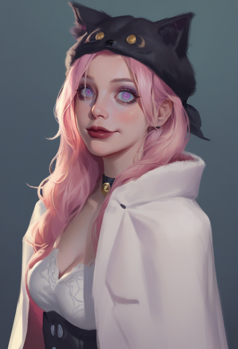 <lora:Smudge_2:0.8> liu2, oil paint, score_9, score_8_up, score_7_up, 1girl, solo, pink fur cloak BREAK black [fur-hat with Earflaps down: cat lying on her head:0.3], BREAK pink hair, happy eyes, slim waist