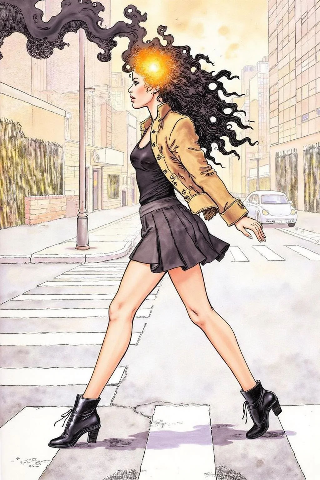 itacomic1 illustration. Fantasy artwork. Profile of a woman with long black hair walking across the street at zebra crossing. Her hair is on fire, with black Smoke coming out of her head. <lora:itacomic_mima6_nocap_d6a3e11:1.0><lora:806430034807145080:0>