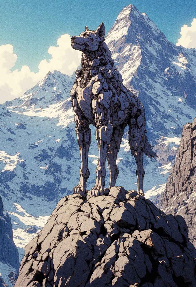 majestic, large dog stands proudly on a rocky cliff, overlooking a vast futuristic mountain landscape. Cybernetic dog features sleek, his look,  blending technology with nature. In the background, the towering mountains are slightly altered by advanced tech structures, adding to the futuristic vibe of the scene
