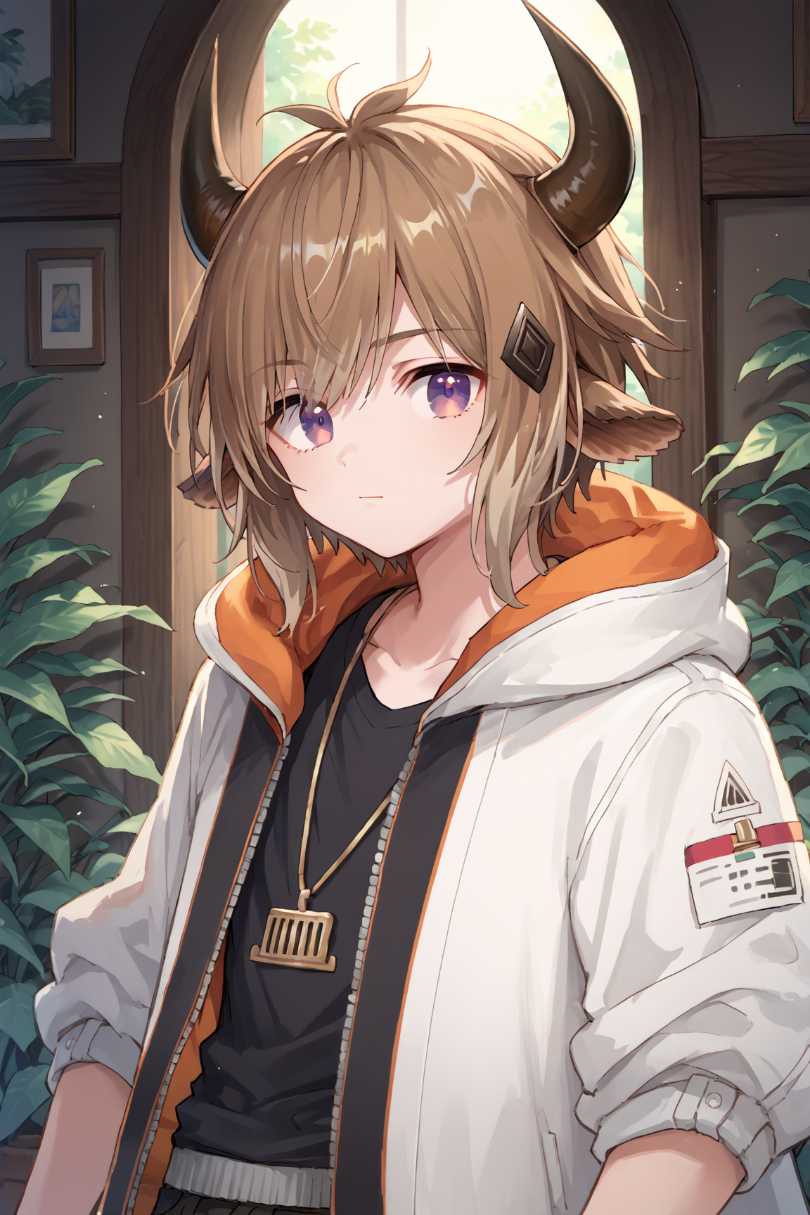score_9, score_8_up, score_7_up, source_anime BREAK
1boy, solo, bison\(arknights\), cow ears, brown hair, cow horns, white jacket, purple eyes, looking at viewer, 
zPDXL3, cowboy_shot, <lora:bisonPony:0.8>