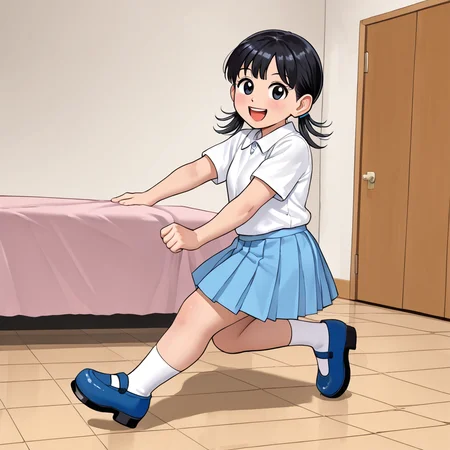 indoors, <lora:MagaliV2:1> MagaliTDM, 1girl, solo, shirt, short sleeves, shoes, socks, white socks, mary janes, blue footwear, white shirt, pleated skirt, blue skirt, blue footwear, black hair, three strands of hair that seem to resemble pigtails, black eyes, short, happy,