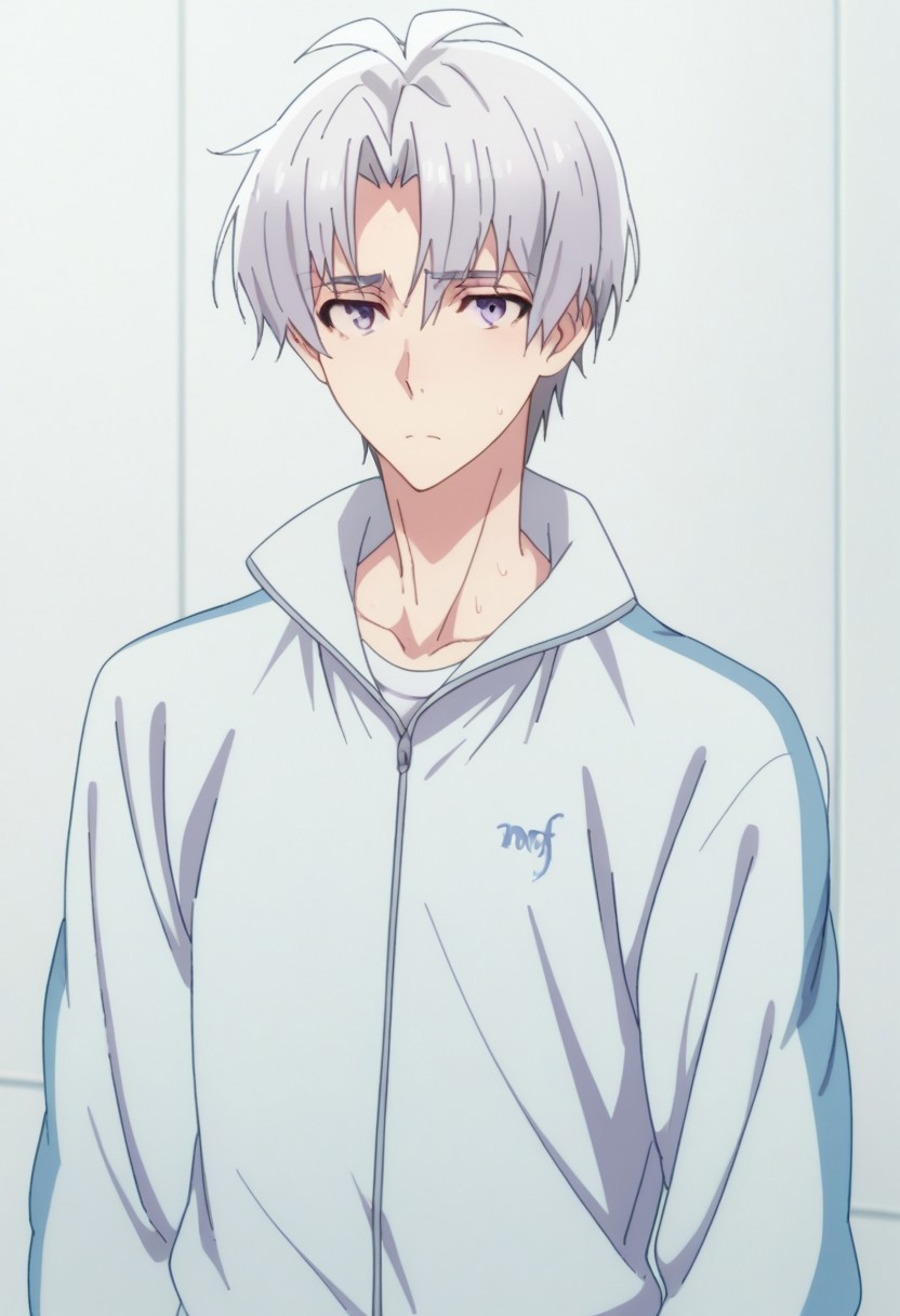 score_9, score_8_up, score_7_up, source_anime, highly detailed, 
sogosaka, 1boy, male focus, solo, grey hair, looking at viewer, purple eyes, grey eyes, jacket, track jacket, track suit, upper body, tired, sweating, 
indoor,