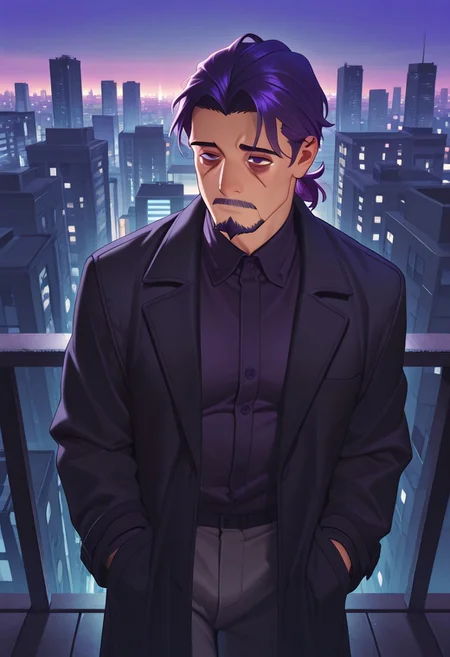 1boy, mbti_intp, mature man, purple eyes, droopy eyes, eye bags, tied hair, goatee, standing on a rooftop overlooking a vibrant city at dusk, wearing a stylish dark coat, hands in pockets, gazing thoughtfully at the cityscape, cool blue and purple hues, subtle streetlights, a sense of quiet confidence, aesthetically striking