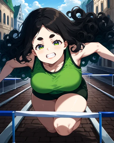 score_9, score_8_up, score_7_up, score_6_up, source_anime, rating_safe, ah1, 1girl, (curly hair), long hair, (black hair), mature female, (parted hair:1.7), (round face), (no_bangs:1.3), (no_fringe:1.6), looking at viewer, (thick eyebrows), round-chin, (dark olive green eyes), caucasian, down-turned eyes, <lora:ETO_OCPonyXL:0.5> eto_oc, skindentation, short female, kinky curls, lips, bad-hands-5, <lora:venus body PonyXL:0.3>, <lora:Kutibue_Art_Style:1> Kutibue, (hurdle race,jumping), (a historic city center with cobblestone streets, old buildings, monuments), (similing showing teeth),
