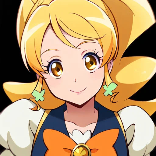 escore_9, score_8_up, score_7_up, score_6_up, masterpiece, perfect quality, perfect lighting,<lora:Yuko_Omori__Cure_Honey:1>,cure honey,gold eyes, thick wavy blonde hair, ponytail reaching chest, curled forelocks, styled bangs, green clover earrings,white blouse, short puffed sleeves, dark navy vest with gold details, yellow lapel, white ruffles trim, pale chiffon wings on back, orange and white ribbon with gold heart brooch, goldenrod skirt with ruffled trim, pale yellow sleeves with white frills, white knee-length boots with gold cuffs, orange bows on boots,smiling face, cool expression, sunglasses, confident smile, stylish look, laid-back vibe, charming appearance, sleek accessory, fashionable detail, exuding charisma