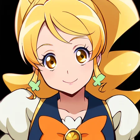 escore_9, score_8_up, score_7_up, score_6_up, masterpiece, perfect quality, perfect lighting,<lora:Yuko_Omori__Cure_Honey:1>,cure honey,gold eyes, thick wavy blonde hair, ponytail reaching chest, curled forelocks, styled bangs, green clover earrings,white blouse, short puffed sleeves, dark navy vest with gold details, yellow lapel, white ruffles trim, pale chiffon wings on back, orange and white ribbon with gold heart brooch, goldenrod skirt with ruffled trim, pale yellow sleeves with white frills, white knee-length boots with gold cuffs, orange bows on boots,smiling face, cool expression, sunglasses, confident smile, stylish look, laid-back vibe, charming appearance, sleek accessory, fashionable detail, exuding charisma