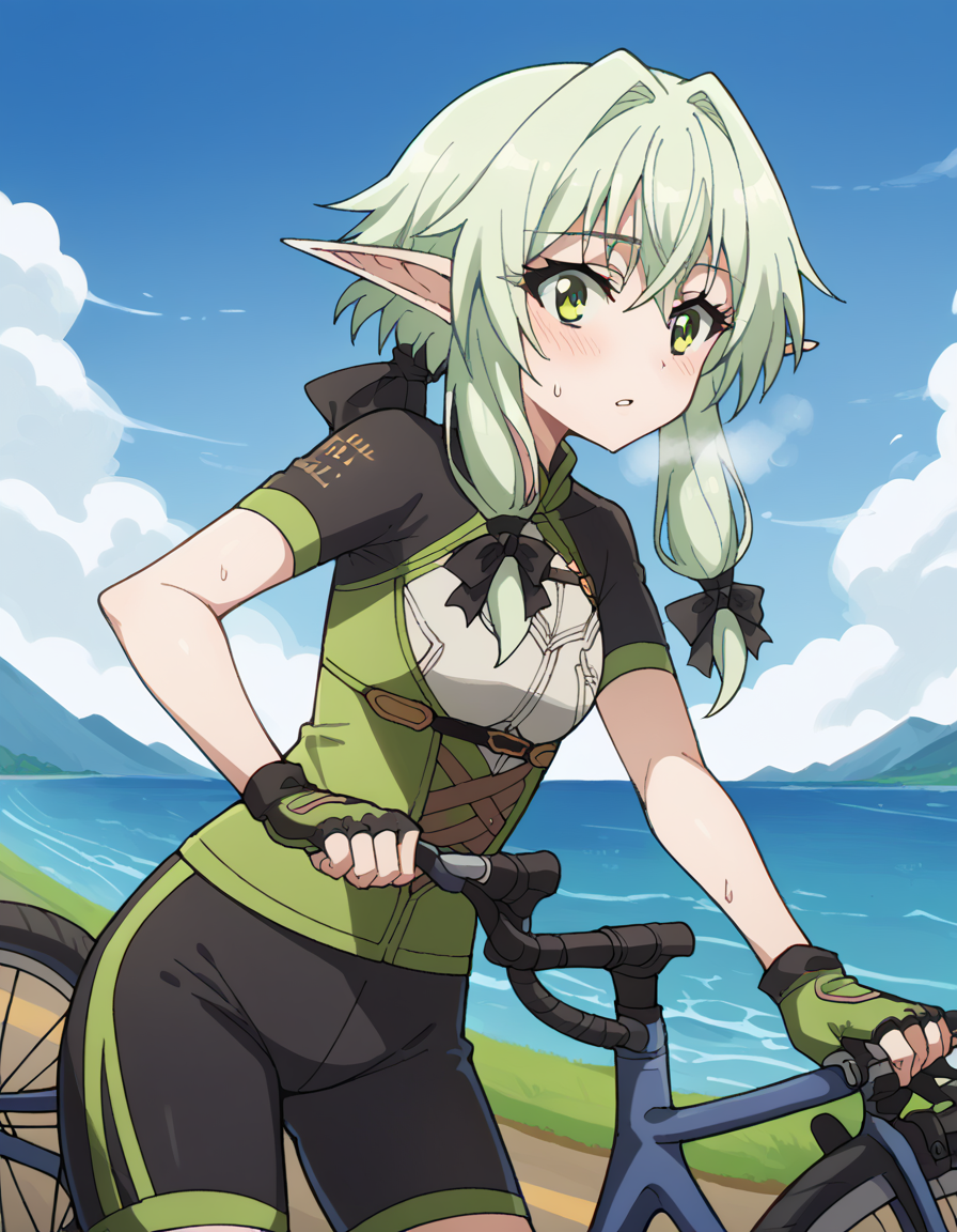 score_9, score_8_up, score_7_up, source_anime, <lora:high-elf-archer-s2-ponyxl-lora-nochekaiser:1> high elf archer, long hair, green eyes, bow, hair bow, black bow, sidelocks, green hair, pointy ears, elf,, <lora:cycling-uniform-ponyxl-lora-nochekaiser:1> cycling uniform, bicycle, bike jersey, bike shorts, biker clothes, fingerless gloves, gloves, road bicycle, short sleeves,, road, mountains, ocean, blue sky, clouds, bent over, parted lips, sweat, steam, blush, cowboy shot,