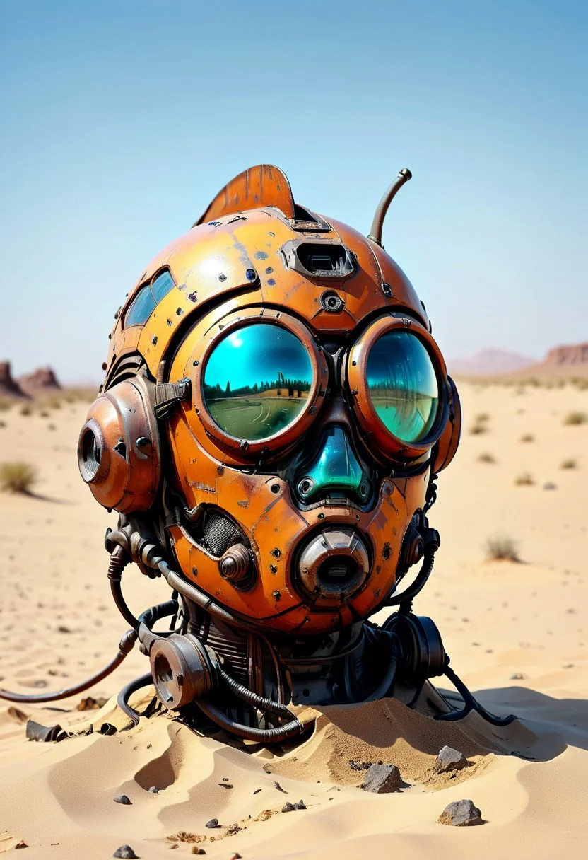 ultra high resolution, masterpiece, best quality, a sci-fi , in the desert, A rusty and broken retro space helmet partially buried in the sand, in the style of hyper realistic photography. evi@decrepPunk