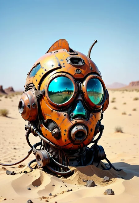ultra high resolution, masterpiece, best quality, a sci-fi , in the desert, A rusty and broken retro space helmet partially buried in the sand, in the style of hyper realistic photography. evi@decrepPunk