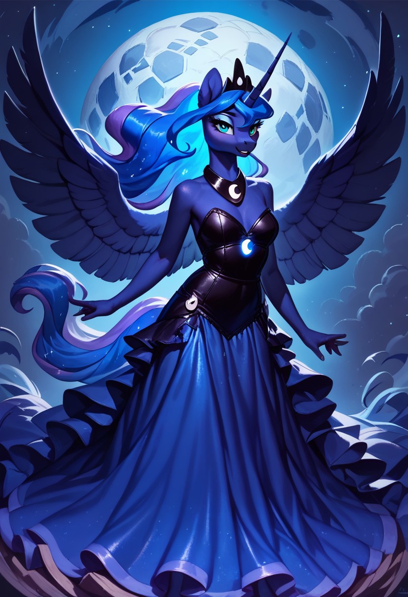 score_9, score_8_up, score_7_up, score_6_up, realistic illustration, Princess Luna \(mlp\), anthro, curvy,  beautiful girl , moon royal regalia, long glowing galaxy hair, blue silky dress, glowing, (blue glowing night theme:1.3), big pegasus wings, tail, horn, cold expression, blue clouds