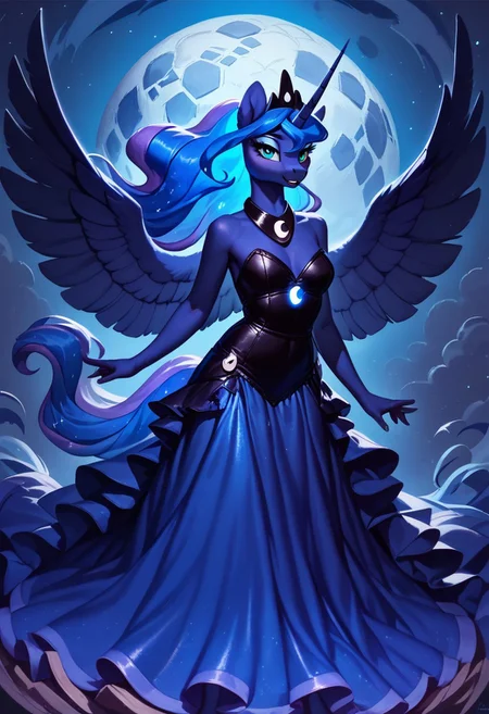 score_9, score_8_up, score_7_up, score_6_up, realistic illustration, Princess Luna \(mlp\), anthro, curvy,  beautiful girl , moon royal regalia, long glowing galaxy hair, blue silky dress, glowing, (blue glowing night theme:1.3), big pegasus wings, tail, horn, cold expression, blue clouds