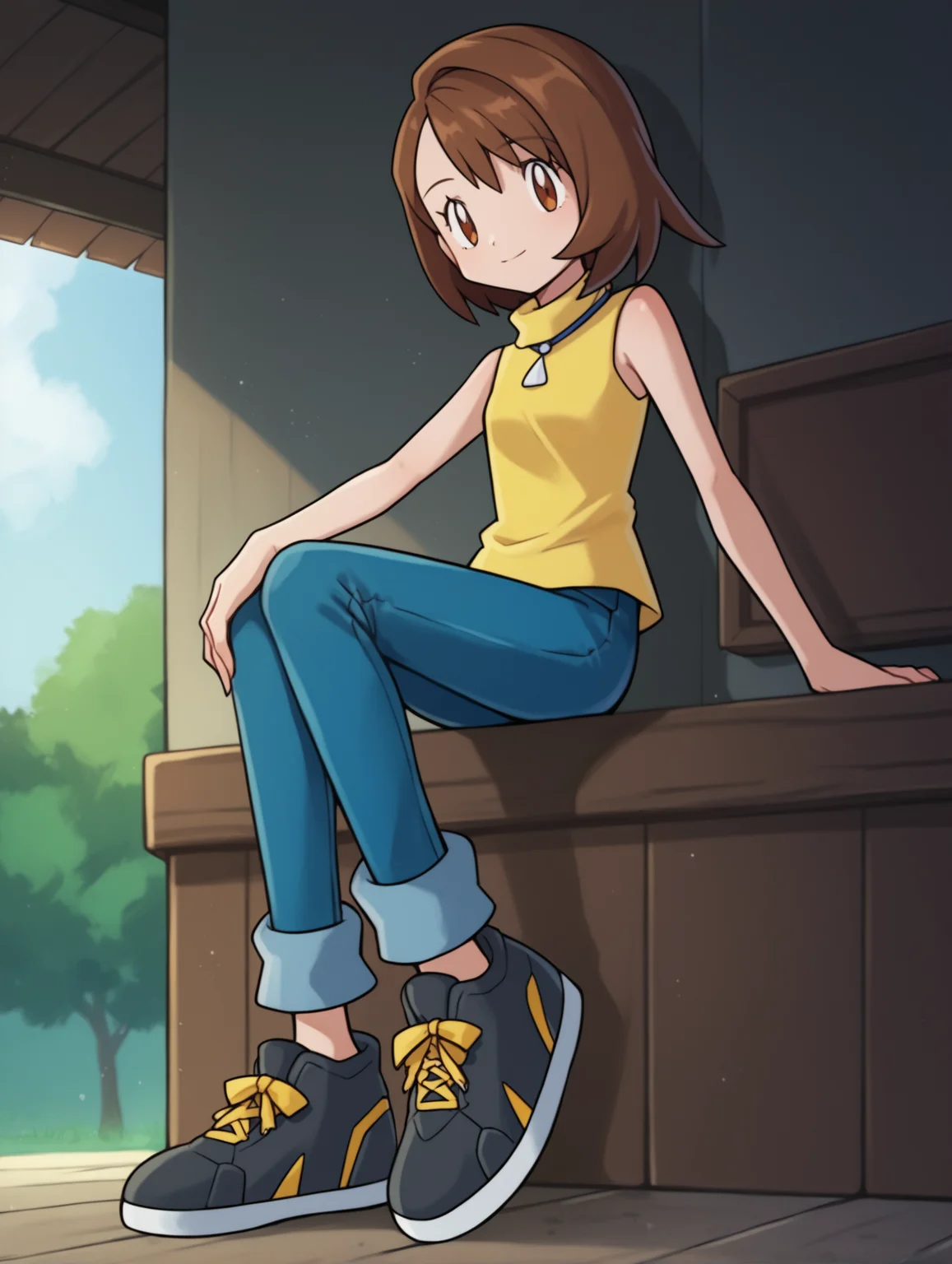 score_9, score_8_up, score_7_up, score_6_up, score_5_up, score_4_up, source_anime, BREAK
looking at viewer,  <lora:Digimon:0.8> digimon, 1girl, solo, <lora:Gloria_Pokemon_Pony:0.8> gloria \(pokemon\), brown hair, brown eyes, yellow turtleneck, sleeveless, jeans, black sneakers,