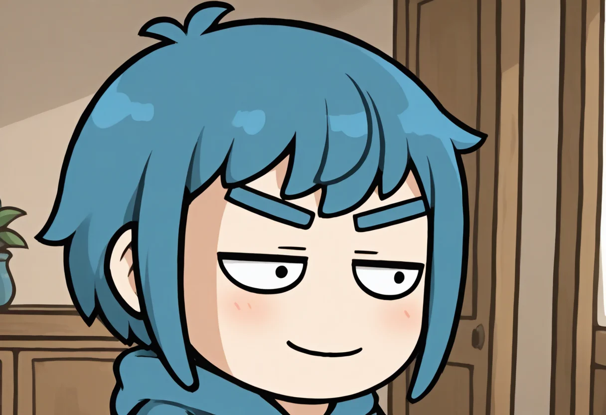 masterpiece, best quality, colorful, vibrant, very aesthetic, detailed background, <lora:kofi-v1B-09:1> k-kofi, (chibi:0.5), 1boy, blue short hair, indoors