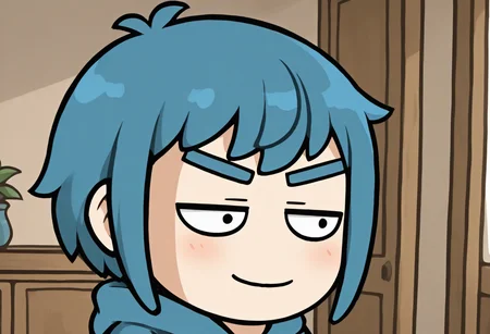 masterpiece, best quality, colorful, vibrant, very aesthetic, detailed background, <lora:kofi-v1B-09:1> k-kofi, (chibi:0.5), 1boy, blue short hair, indoors