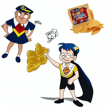 artist self-insert, suit, sailor collar, superhero, chips (food), black background, sun, shorts, uniform