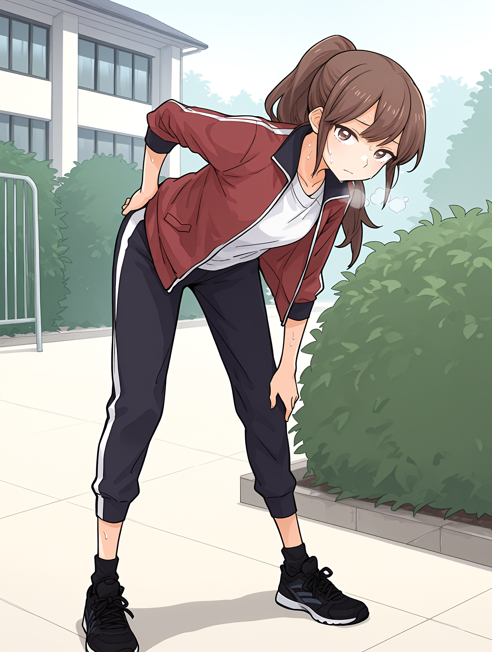 <lora:Yuna_Toomi_-_Illustrious:1> yuna toomi, sketch,
 1girl, solo, looking at viewer, closed mouth, standing, jacket, full body, white shirt, open clothes, shorts, black footwear, open jacket, hand on hip, black pants, long pants, black socks, sneakers, red jacket, track jacket, track suit,
after a long run, sweating,exhausted heavy breathing, bent over, 
outdoors, behind school building, bush,
masterpiece,best quality,amazing quality,