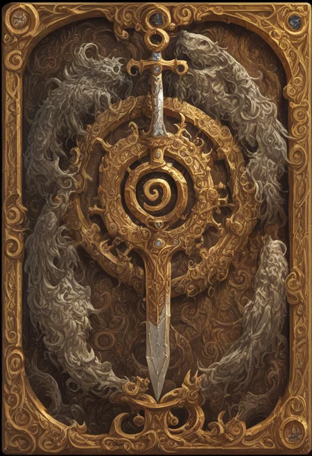 Card, Tarot, graphic border, Illustrative, Dark, angelic, steel, sword, detailed, runic carvings, intricate background, score_9, score_8_up, score_7_up,