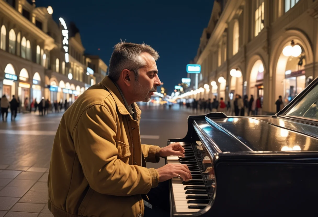 (medium full shot) of (long shot ) of taxi driver playing an instrument, detailed face, located in an urban scene at a historic shopping mall during midnight with clear sky weather, illuminated by natural daylight, creating a lively atmosphere, ,Masterpiece,best quality, raw photo, realistic, very aesthetic
