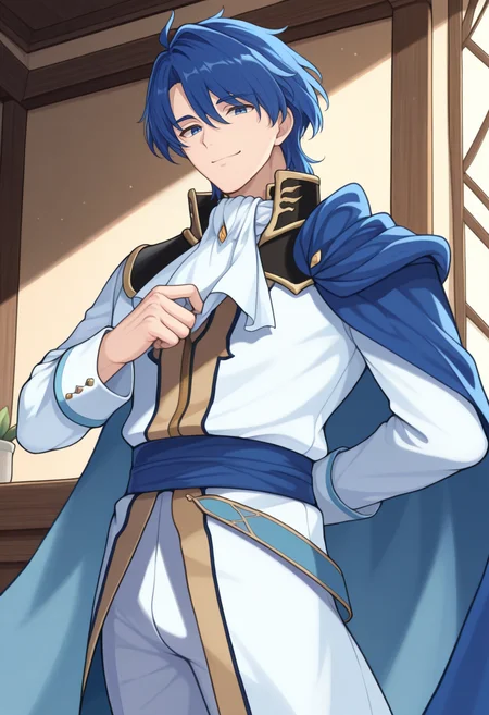masterpiece, best quality, solo, 1boy, smile, looking at viewer,  <lora:Sigurd-illus_Fp:1>, sigurdfe4, blue eyes, blue hair, short hair, white coat, white pants, ascot, collar, armor, cape, long sleeves, adjusting clothes,