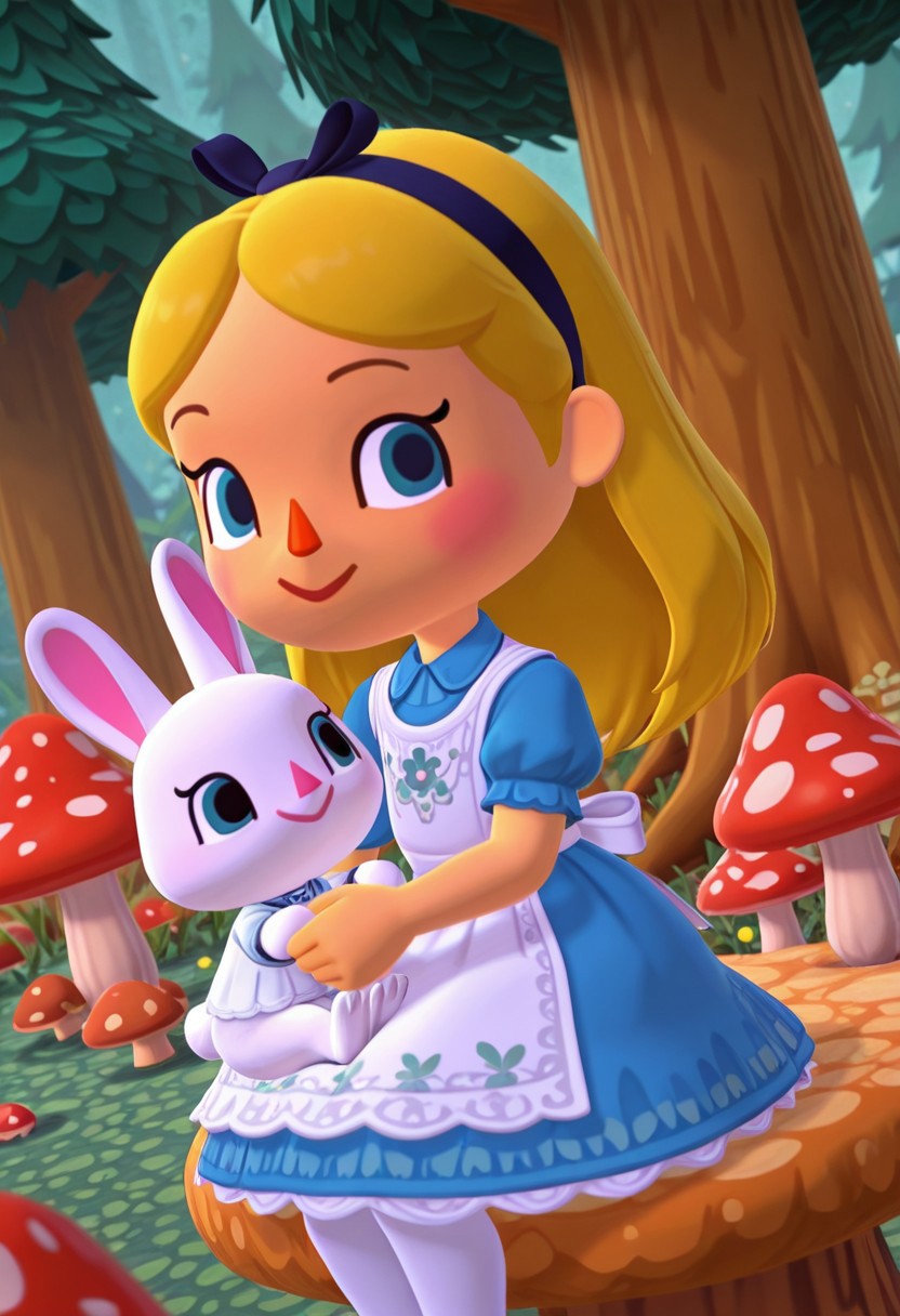 DisneyAlice, 1girl, blonde hair, blue eyes, long hair, hairband, looking at viewer,white apron, blue dress, puffy sleeves, white pantyhose, hairband,holding rabbit,white rabbit,mushrooms,tree,portrait,sitting,dutch angle,closeup,animal crossing style, 3d,