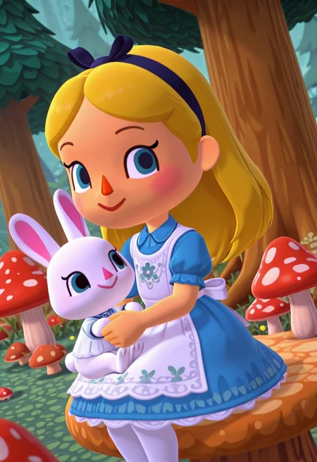 DisneyAlice, 1girl, blonde hair, blue eyes, long hair, hairband, looking at viewer,white apron, blue dress, puffy sleeves, white pantyhose, hairband,holding rabbit,white rabbit,mushrooms,tree,portrait,sitting,dutch angle,closeup,animal crossing style, 3d,