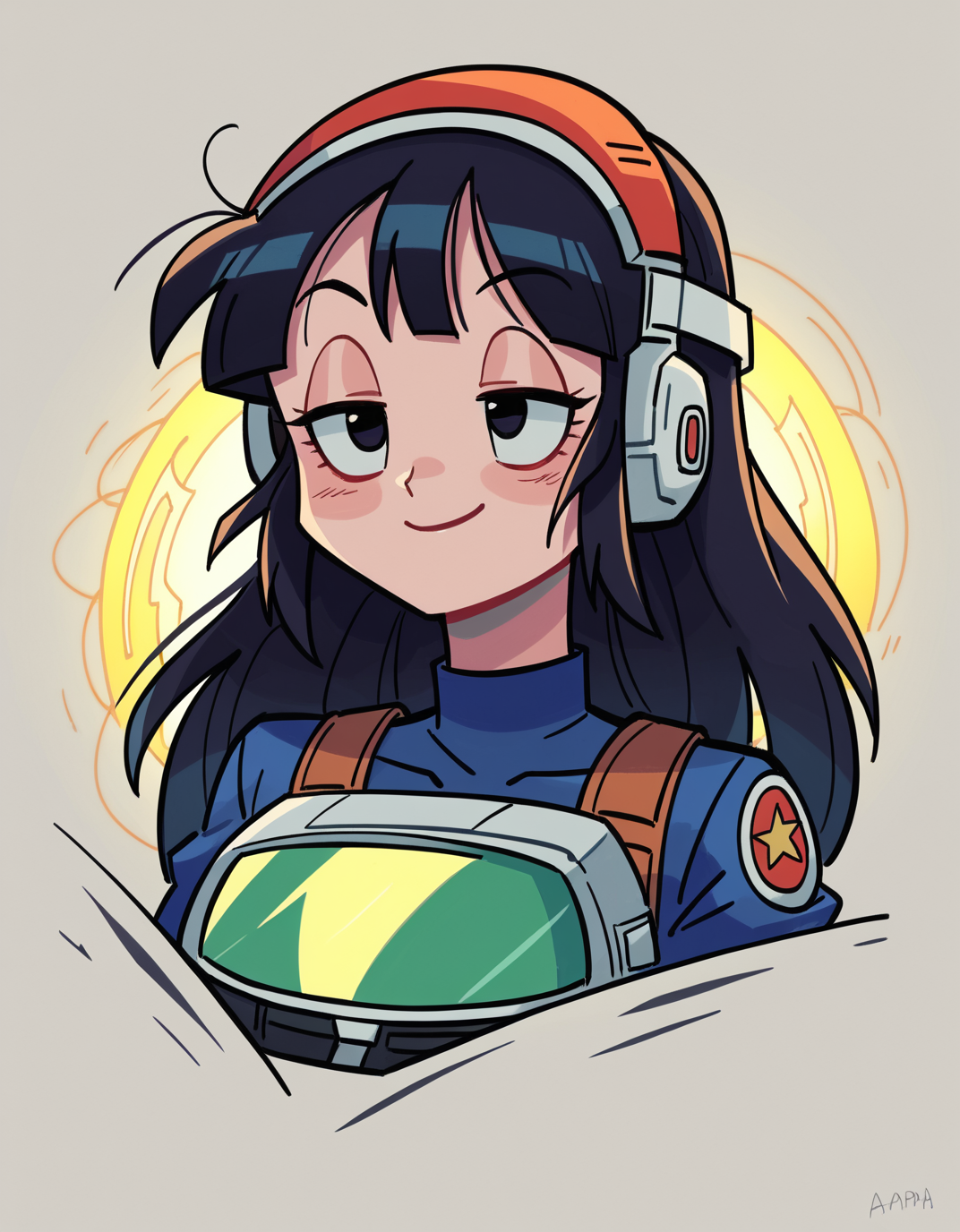 zPDXL, score_9, score_8_up, score_7_up, source_anime, 1girl, solo, absurdres, 4k, <lora:anapijama:0.8> anapijama, chi-chi \(dragon ball\), black hair, black eyes, long hair , half-closed eyes, smile, superhero landing, futuristic soldier wearing Electrostatic discharge chest plate with EMP field, carbon fiber tactical suit with EMP shielding, tactical visor with electromagnetic vision, EMP generator wristband, Energy shield emitter