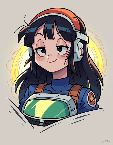 zPDXL, score_9, score_8_up, score_7_up, source_anime, 1girl, solo, absurdres, 4k, <lora:anapijama:0.8> anapijama, chi-chi \(dragon ball\), black hair, black eyes, long hair , half-closed eyes, smile, superhero landing, futuristic soldier wearing Electrostatic discharge chest plate with EMP field, carbon fiber tactical suit with EMP shielding, tactical visor with electromagnetic vision, EMP generator wristband, Energy shield emitter
