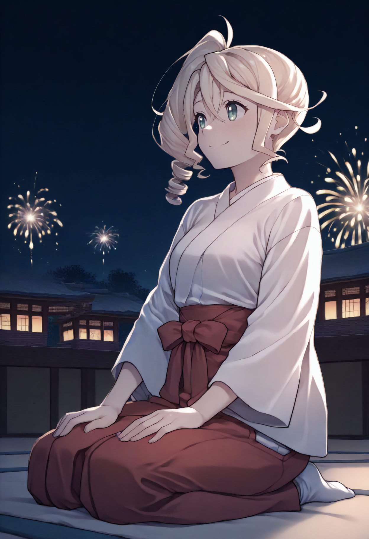 anime, masterpiece, best quality, full body, solo, 1girl, al1sharnd, smile, looking away, seiza, hands on own thighs, long hair, blonde hair, hair between eyes, drill hair, side ponytail, green eyes, japanese clothes, white kimono, wide sleeves, red hakama, white socks, night, east asian architecture, fireworks
<segment:yolo-Anzhc Face seg 640 v2 y8n.pt,0.4,0.5//cid=1>