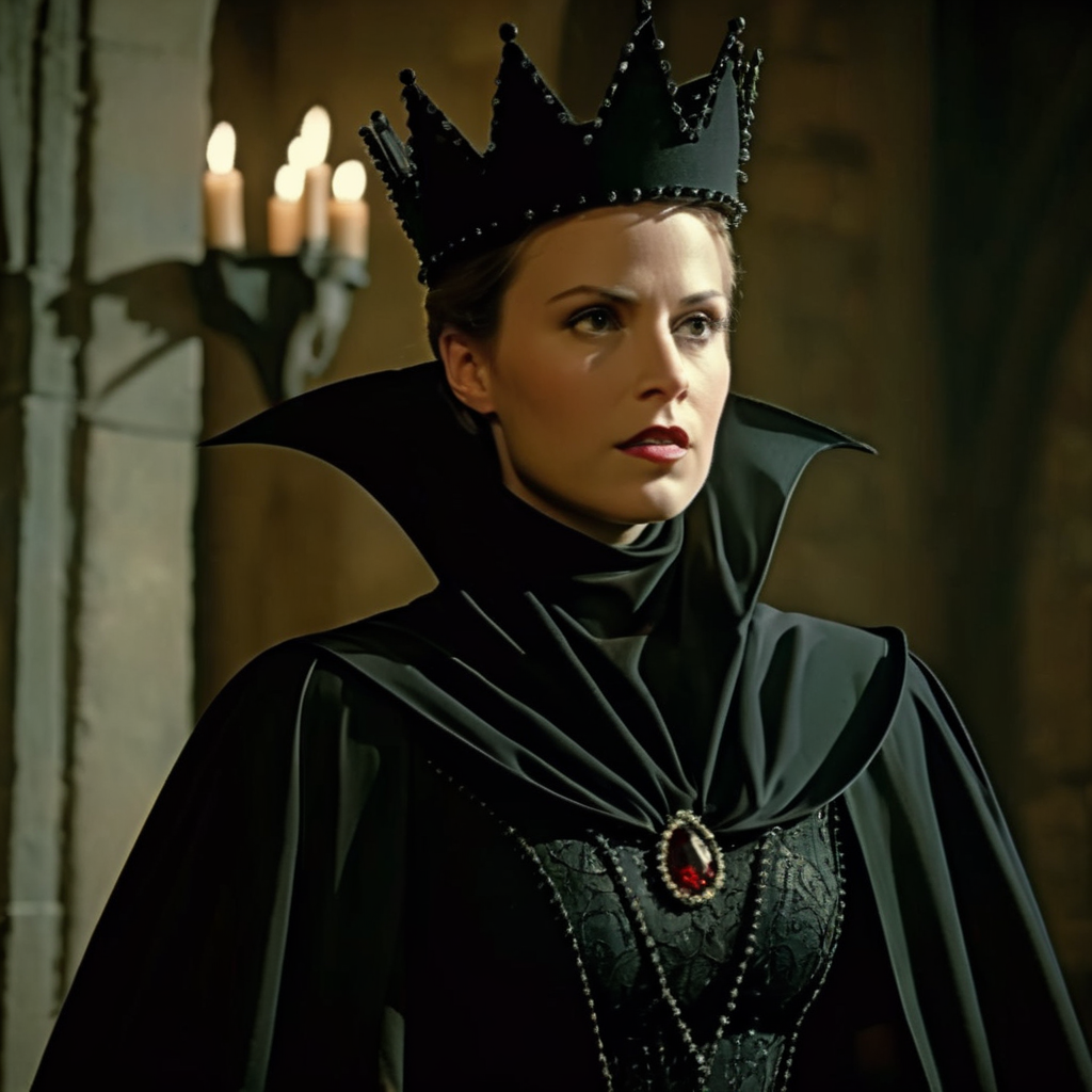 cinematic film still of  <lora:Evil Queen v3:1> sharp detailed cinematic film look of 
Evil Queen a full wide shot view of a hot woman wearing a black crown and a black evil queen costume with black flying spread cape in a dark room in a castle in year 1500s 15th century, shallow depth of field, vignette, highly detailed, high budget, bokeh, cinemascope, moody, epic, gorgeous, film grain, grainy