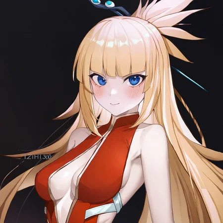 amazing quality, best quality, by lizhiyan360, 1girl, solo, long hair, looking at viewer, blush, blue eyes, blonde hair, hair ornament, red dress, sleeveless dress, cleavage, bare shoulders, upper body, small breasts, blunt bangs, center opening, hair stick, <lora:Aoi-000003:1>