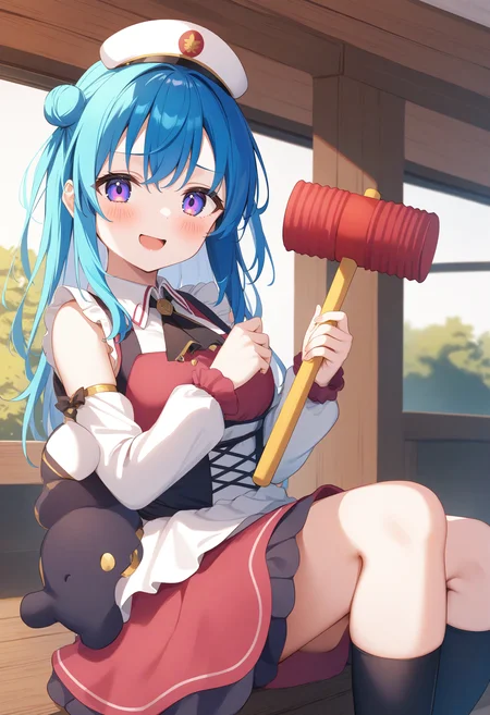 1girl,sincos, ningen mame, toosaka asagi,solo,medium breasts,20yo,maid,maid headdress,
piko piko hammer, toy hammer, holding, <lora:pikopikohammer_XL_v1:0.8>
ceiling, panorama shot, looking away, blue hair, purple eyes,sad smile, cafe terrace, open mouth, multi-tied hair,,
best quality, very aesthetic, absurdres