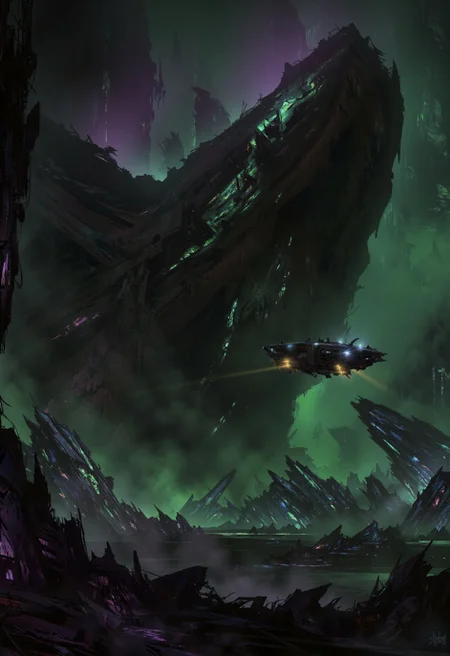 A digital painting in the style of ck-js, depicting a small, rugged prospecting ship navigating through the colossal, shattered remnants of a planet destroyed by an ancient cataclysm. Immense, continent-sized fragments drift silently in space, glowing internally with a sickly, dangerous energy (toxic greens and deep, unsettling purples). The ship's searchlights pierce the contaminated dust, illuminating jagged, crystalline structures within the debris field. The palette features deep space black, the menacing bio-luminescent glow of the fragments (greens/purples), and the cautious amber of the ship's lights. Focus is on navigating immense, dangerous scale and the aftermath of destruction.