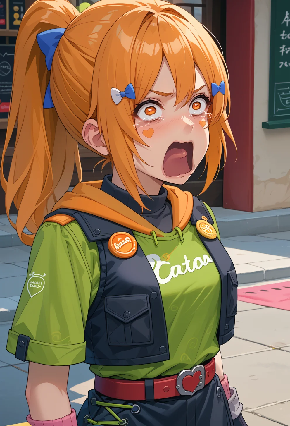 score_9, score_7_up, source_anime, BREAK <lora:AEHeddy:0.7> AEHeddy, orange eyes, orange hair, long hair, ponytail, sidelocks, facial mark, heart facial mark, hair bow, hair tie, hair clip, blue bow, white bow, hoodie, black skirt, black vest, green shirt, short sleeves, black gloves, fingerless gloves, grey gloves, apron, badge, red belt, long skirt, pink socks, black footwear, boots, <lora:concept_aquascreaming_ponyXL:1> aquascreaming, screaming, open mouth, crying with eyes open, upper body, face focus,