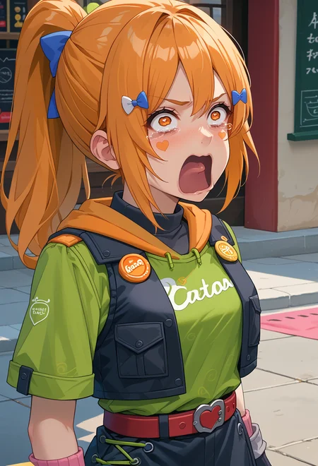 score_9, score_7_up, source_anime, BREAK <lora:AEHeddy:0.7> AEHeddy, orange eyes, orange hair, long hair, ponytail, sidelocks, facial mark, heart facial mark, hair bow, hair tie, hair clip, blue bow, white bow, hoodie, black skirt, black vest, green shirt, short sleeves, black gloves, fingerless gloves, grey gloves, apron, badge, red belt, long skirt, pink socks, black footwear, boots, <lora:concept_aquascreaming_ponyXL:1> aquascreaming, screaming, open mouth, crying with eyes open, upper body, face focus,