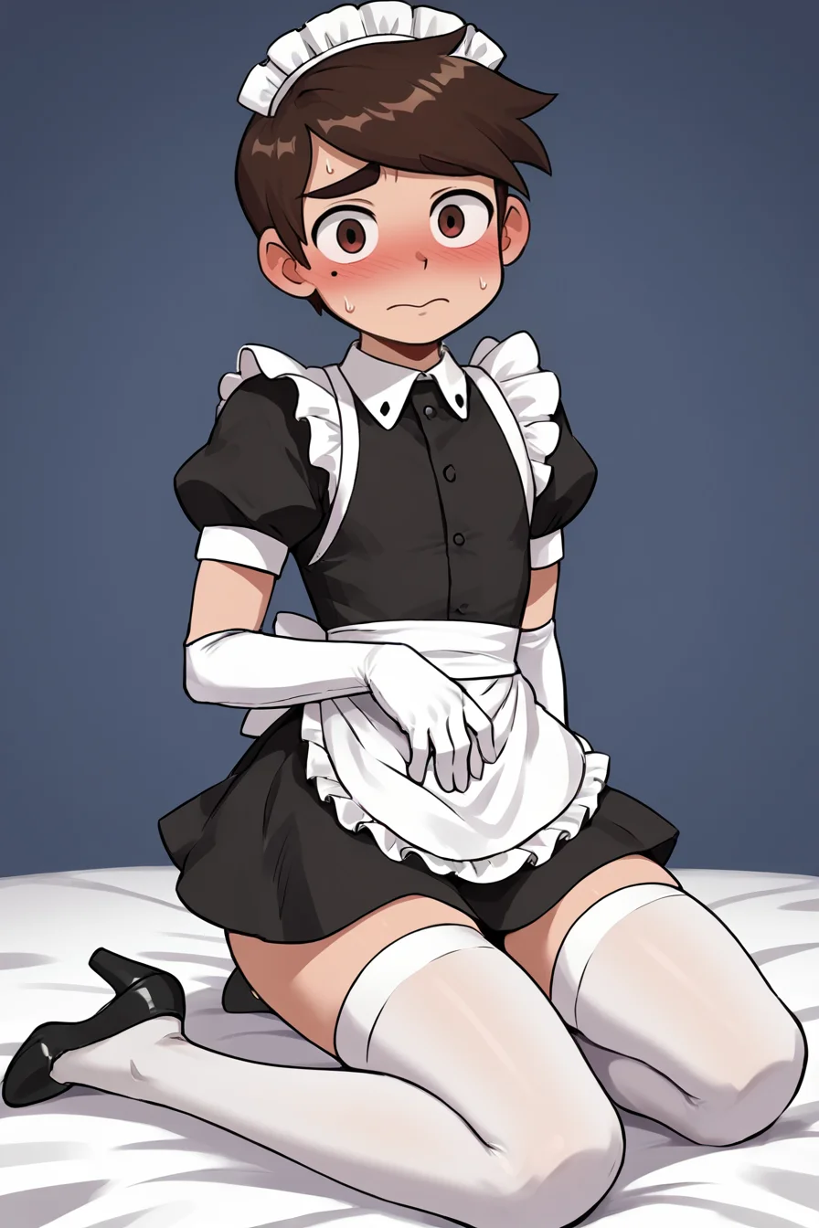 score 6 up,score 7 up, score 8 up,score 9,blush,short sleeves,looking at viewer, <lora:marco_diaz:0.7>,marco diaz,brown hair,mole under left eye,short hair,solo,thick eyebrows,<lora:Lucyla_Art_Style:0.4>,male focus,maid headdress,maid uniform,,embarrassed,black heels,white elbow gloves, white stockings