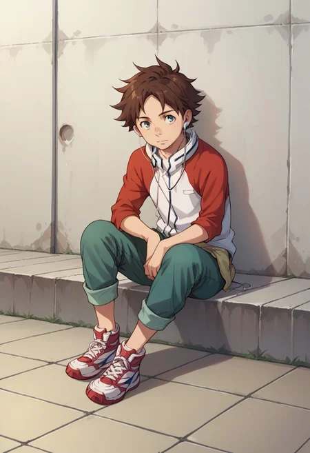 score_9, score_8_up, score_7_up, source_anime, highly detailed,

renton, 1boy, solo, male focus, brown hair, sitting, blue eyes, sneakers, shoes, earphones, jacket, headphones,
green pants, rolled up pants, raglan sleeves, indoor