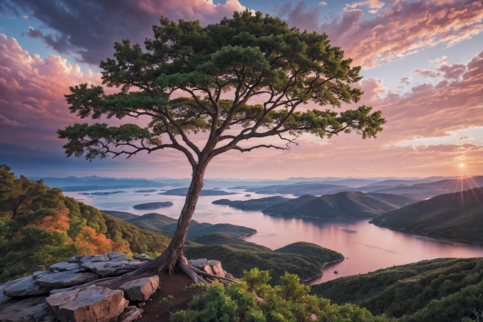 professional photo of a a huge dead tree on a mountain with a view of the clouds below it and a sunset in the distance with a pink sky, Choi Buk, award-winning photograph, a jigsaw puzzle, hudson river school, insane details, cinematic light, detailed, color grading, sunrise <lora:Instant_landscaper_XL:0.7>