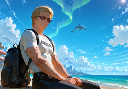 IllusP0s, PonyScores7, source_anime, ah1, IllustriousQual, interesting, exciting, spectacular, wonderful, amazing quality, absolutely eye-catching,  
BREAK <lora:xl_more_art-full_v1:0.2>, <lora:aesthetic_anime_v1s:0.2>, <lora:EpicF4nta5yXL:0.2>, <lora:detailxl:0.2>, detailxl, <lora:Fant5yP0ny:0.2>, amazing quality, best aesthetic, absurdres, illustration, Volumetric_Lighting, ultra-detailed, very aesthetic, intricate details, best_quality, lazympos, <lora:Add_Details_v1.2:0.2>, <lora:quality_modifiers_masterpieces_v1:0.2>, <lora:ZootPonyAnime_V1_r2:0.2>, <lora:Bestifacator2:0.2>, anime style,
BREAK ((sitting)),
BREAK Stable_Yogis_PDXL_Positives, AS-Adult, <lora:Complicated fantasy portrait - XL Pony V2.0:0.2>, <lora:HDA_Detailer:0.3>, AS-MidAged, ((Ground level, very far from viewer)),
BREAK (((<lora:albertwesker-guy-PONYv1:0.8>, albertwesker, 1boy, toned, athletic, fit, mature male))), <lora:shinyskin2:0.2>, glistening skin, <lora:perfection style:0.2>, perfection style, perfection, 
BREAK ((valet, in uniform with car keys)), ((sunglasses:1.3)), 
BREAK ((slicked back hair, (short hair:1.7), blonde)), <lora:hairdetailpxl:0.2>, hairdetailpxl, 
BREAK ((angular face, sharp_featured face, handsome, charming, alluring)), red eyes, glowing eyes, expressive eyes, <lora:perfect-eyes:0.4>, perfecteyes, EyesHD, <lora:DetailedEyes_xl_bdsqlsz_V1:0.2>, <lora:Eyes_Lora_Pony_Perfect_eyes:0.2>, <lora:focusoneyes:0.2>, <lora:cinematic eye color style illustrious v1:0.2>, <lora:Eyes_High_Definition:0.2>, EyesHD,
BREAK ((focused, intense glare, apathetic, contemptuous)), <lora:Expressive_H:0.2>, Expressiveh, <lora:Emotional_Anime_Expressions_PonyXL_Concept:0.2>, emotional, <lora:Best_Facial_Expression_LoRA_PONY:0.2>, looking at viewer, <lora:Detailed expressive EXEV style -XL Pony V1.0:0.2>, FaceDetail,
BREAK (((<lora:Dream_Lounge_IL:0.6>, Dream Lounge, Dream Sky backgrounds, aurora, backpack, bag, bangs, beach, blue sky, building, cloud, cloudy sky, day, dock, dolphin))), <lora:Background Detailer - SDXL:0.2>, 4k, 8k, Ultra HD, Masterpiece, Best quality, Detailed background, <lora:Add_more_details_V2_XLpony:0.2> full_details, <lora:background-type1:0.2>, <lora:AddMicroDetails_Illustrious:0.2>, addmicrodetails, SmoothNoob_Quality,