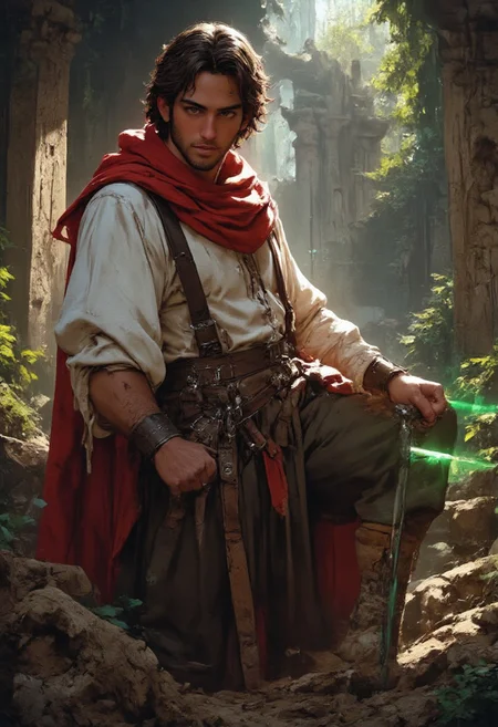 detailed photorealistic illustration, star wars style, evoking adventure archaeologist themes, closeup portrait of an Indian male Jedi Knight resembling Dev Patel with dark skin, wavy tussled dark hair, and a short beard. He evokes a scholar vibe, approximately 27 years old. He is wearing a white shirt with sleeves rolled-up to his elbows, dark WW1-style military trousers, suspenders, and WW1-style combat boots. He is wearing a long torn red cloak wrapped around his neck like a scarf, held in place with a cloak-pin. He is holding a green lightsaber in his hand. He is searching through an ancient lost tomb set in a rainforest, standing in ray of sunlight inside destroyed temple, directional lighting, masterpiece, perfect composition, perfect hands, perfect face, perfect body, Indian male, Indian skin-tone, resembling Gawain from the Green Knight, hair on his forearms. He evokes an adventure archaeologist vibe.