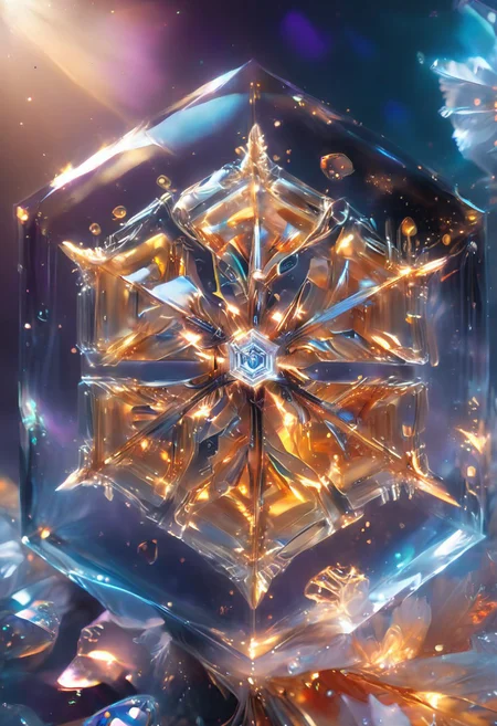 (high quality), (masterpiece), (detailed), 8K, An award-winning glowing snowflake, encased in a perfectly transparent glass bubble, floats delicately within a surreal winter setting. Its intricate, symmetrical crystalline patterns radiate a mesmerizing, golden luminosity, blending warm hues of amber, peach, and soft rose that glow softly through the glass. The bubble is adorned with delicate frost patterns along its edges, reflecting and refracting the snowflake’s warm light, casting a magical aura on its surroundings. Encased within, the snowflake sparkles with fine detail, as if suspended in time, evoking feelings of joy, serenity, and wonder, captivating all who witness this breathtaking masterpiece, glowneon, geometric, sparks, GlowingInk