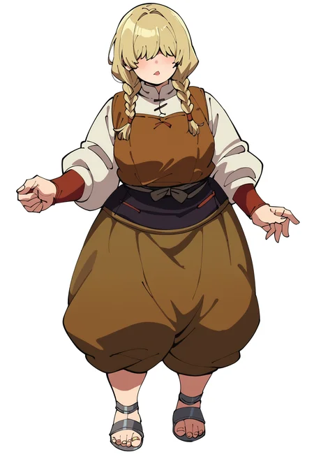 score_9,score_8_up,score_7_up,score_6_up, source_anime,
daya, daya original outfit, 1girl, solo, simple background, blonde hair, dungeon meshi, white background, full body, braid, twin braids, sandals, hair over eyes, plump,
masterpiece, best quality, very aesthetic, absurdres
<lora:dungeon_meshi_collection_v23:1>