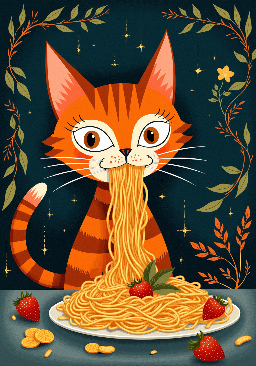 Whimsical, storybook-inspired folk art with flowing, dreamlike details., a cat eating a lot of spaghetti<lora:Whimsical, storybook-inspired folk art with flowing, dreamlike details.safetensors:1.0:1.0>