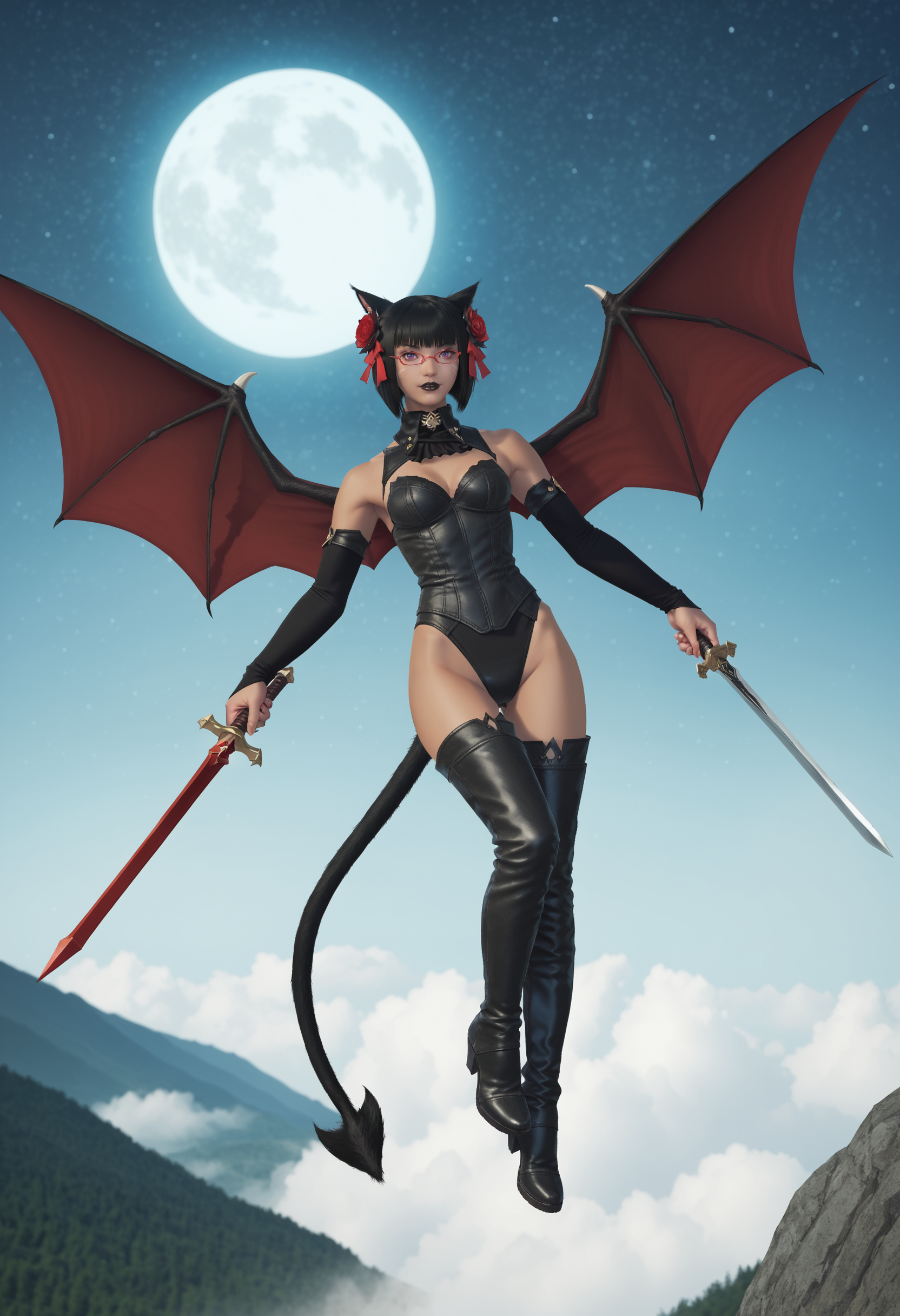 score_9, score_8_up, score_7_up, 1girl, full body,
 <lora:Armet_Daraco_Dawntrail:1>  armetdaraco, dark-skinned female,  miqo'te, black lipstick, short hair, bob cut,  black hair, mole under eye, facial mark,  heterochromia, purple eyes, red eyes, tail, (cat tail:1.5), leotard, hair flower, red eyewear,  thigh boots, ((demon wings, floating):1.5), night, night sky, black clothing, arms spread, bridal gauntlets,  holding sword, holding weapon, heeled footwear, flying,