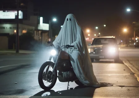 <lora:SheetGhost SDXL LoRA - Trigger with Sheetghost Person:1> Sheetghost person riding a motorcycle holding a chainsaw. Midnight under moonlight in downtown Los Angeles. Wide angle shot. Spooky vibes.