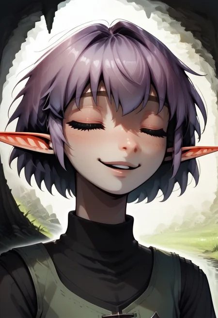 Parnea, 1 person, androgynous, solo, pointy ears, short hair, closed eyes, lilac hair, black undershirt, turtleneck collar,
organic cavern background,
Close up, face focus, happy,
Medieval style, Dutch angle,
Smooth colors, clean lines, high quality, best quality, masterpiece, score: 9, score: 8 up, rating: safe, source: semi-realistic,